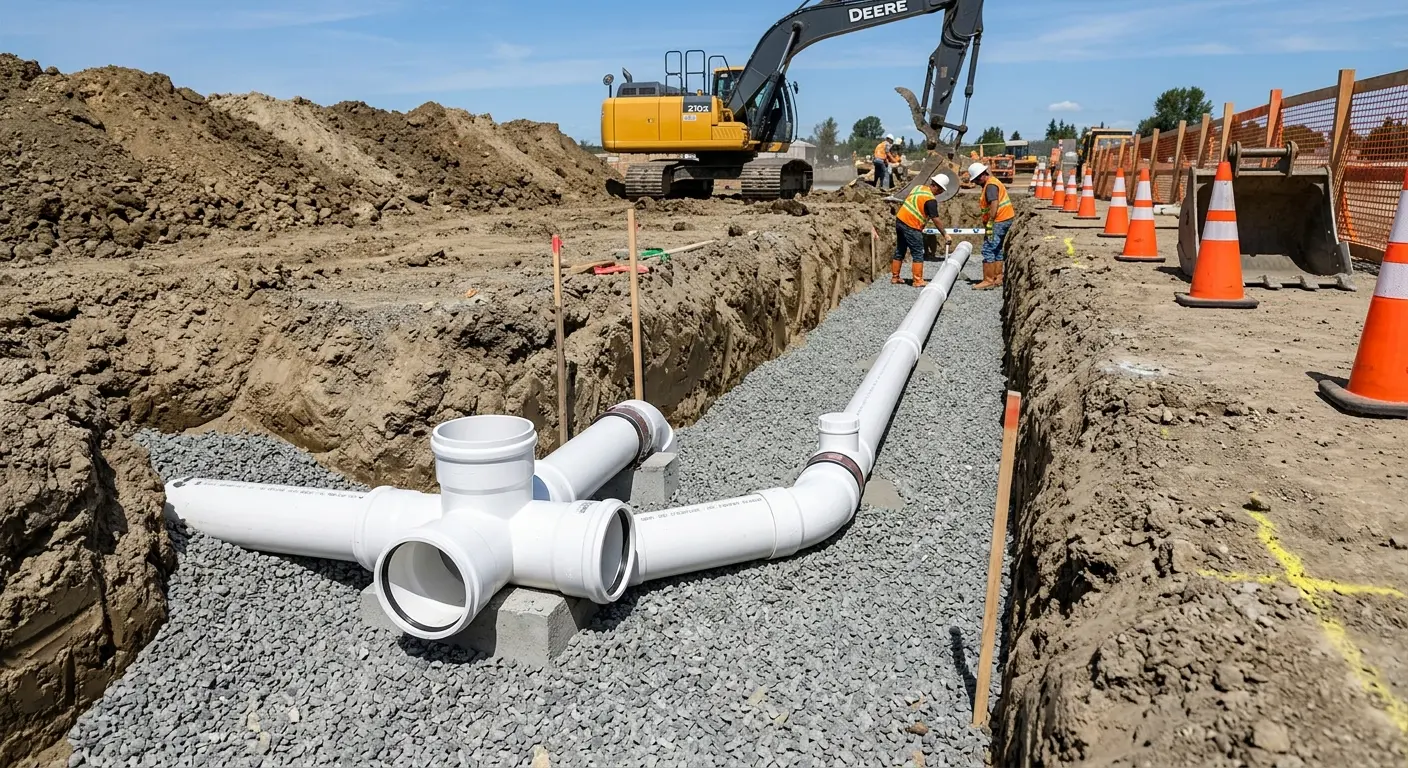 New PVC sewer pipe installation in open trench for Commercial Drain Cleaning in Verde Village