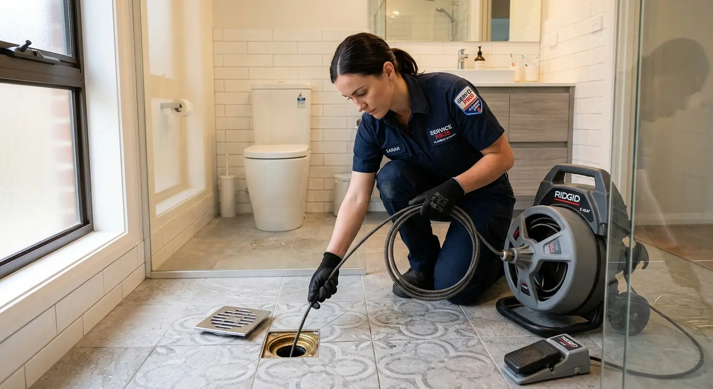 Technician clearing a bathroom floor drain for Drain Cleaning in Verde Village